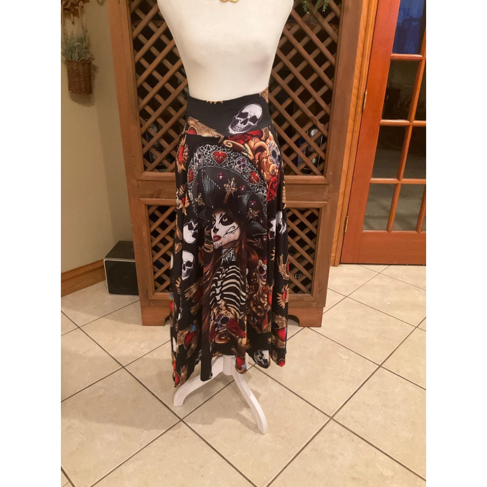 Sugar Skull Gothic Grunge Midi Skirt Day of the Dead Skeleton Tattoo Medium